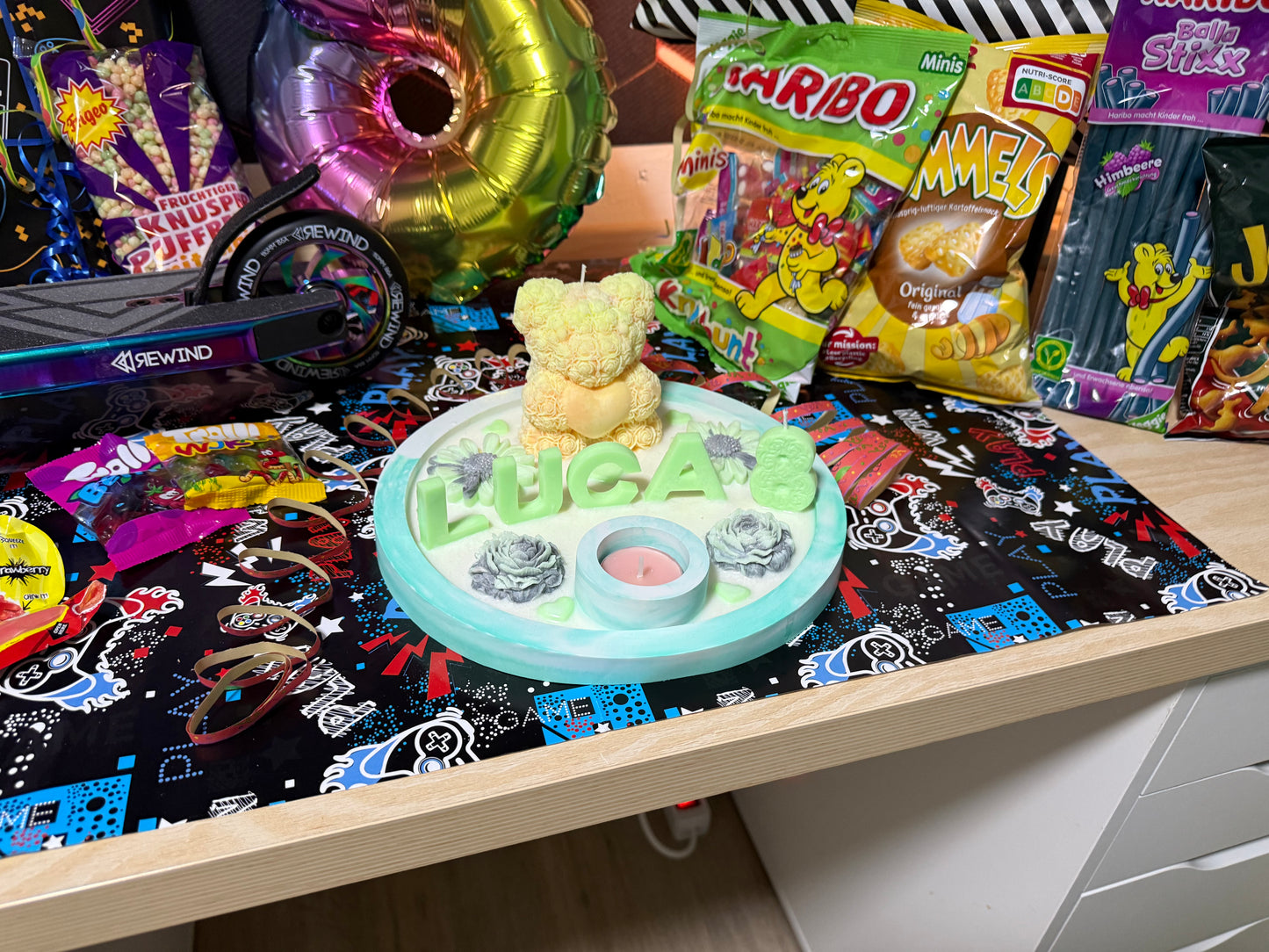 Personalisierter XXL Geschenk-Teller mit Bärchenkerze – Name in 3D, handgemacht Geburtstag