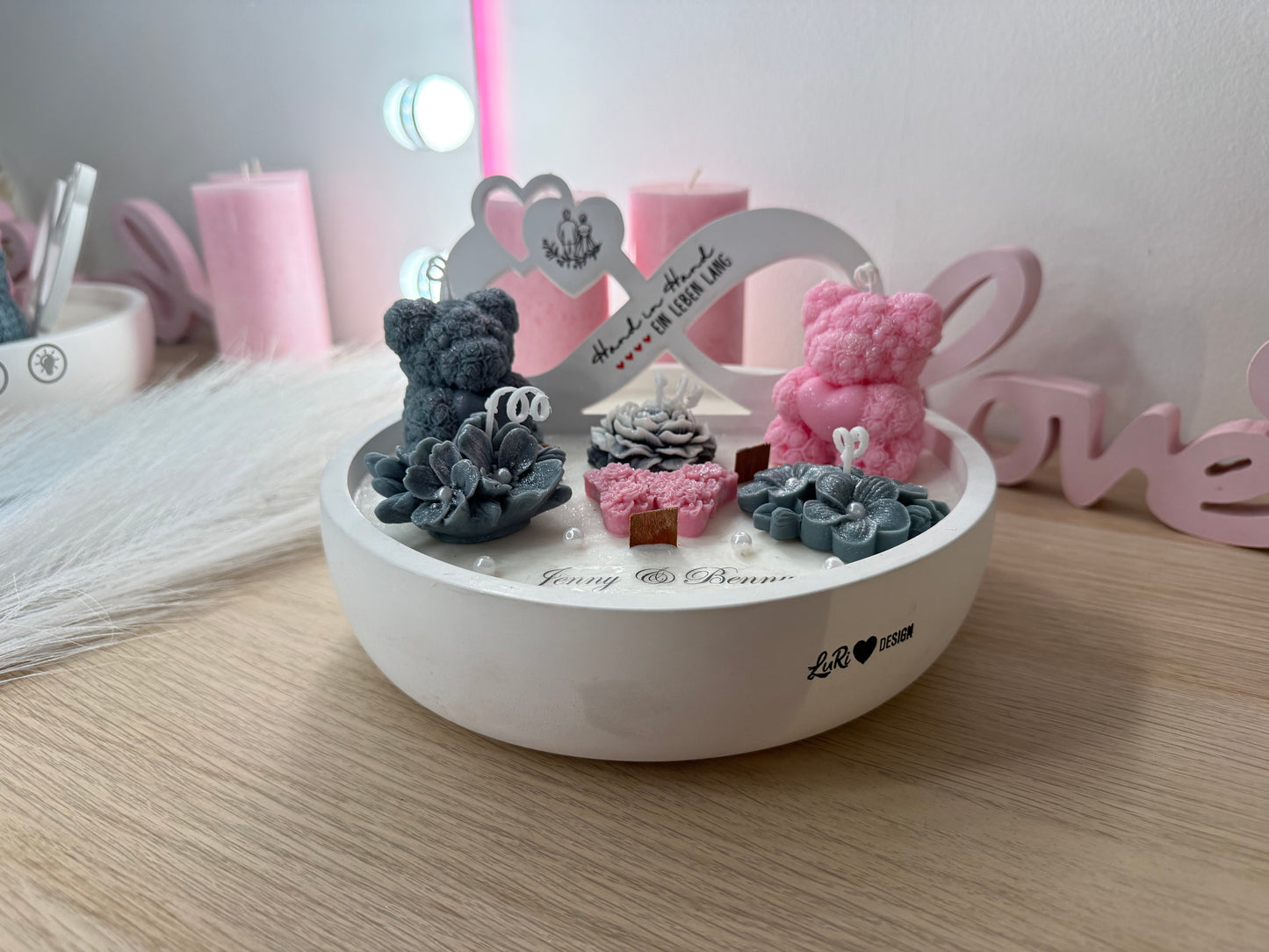 Personalisierte Luxus Deko-Schale „Rosa & Grau“ – 22 cm XXL | Handmade Geschenk mit Namen & Datum