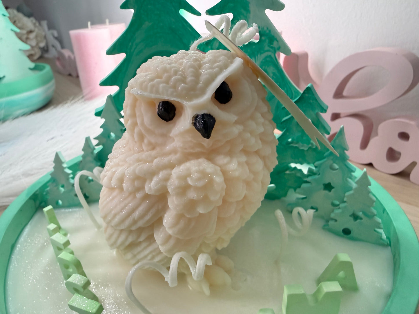 Winter-Eulen-Schale „Liebste Mama“ – Handgegossene Luxus Deko-Schale XXL mit 3D-Wald & exklusiver Eulen-Kerze