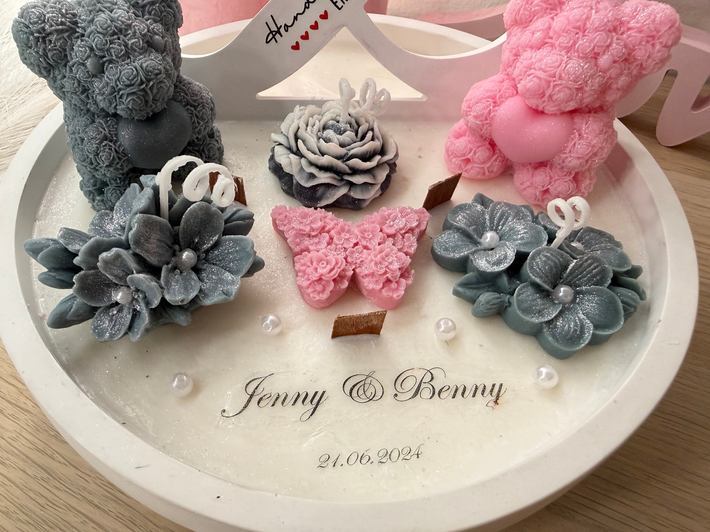 Personalisierte Luxus Deko-Schale „Rosa & Grau“ – 22 cm XXL | Handmade Geschenk mit Namen & Datum