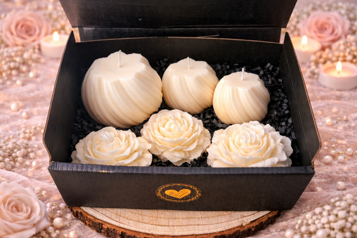 Kerzen Geschenk Set – 3 Swirl Kerzen & 3 Pfingstrosen Blüten | Handgemacht