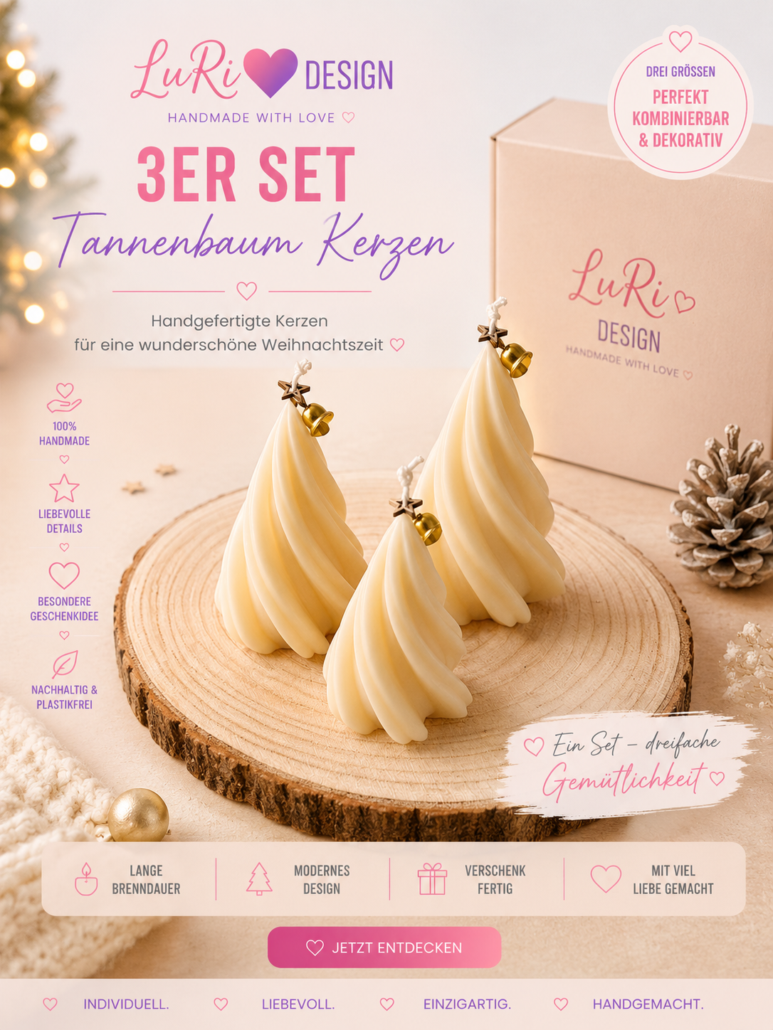 Drei handgemachte Weihnachtsbaum-Kerzen in unterschiedlichen Größen als festliche Weihnachtsdekoration auf einem Holztablett