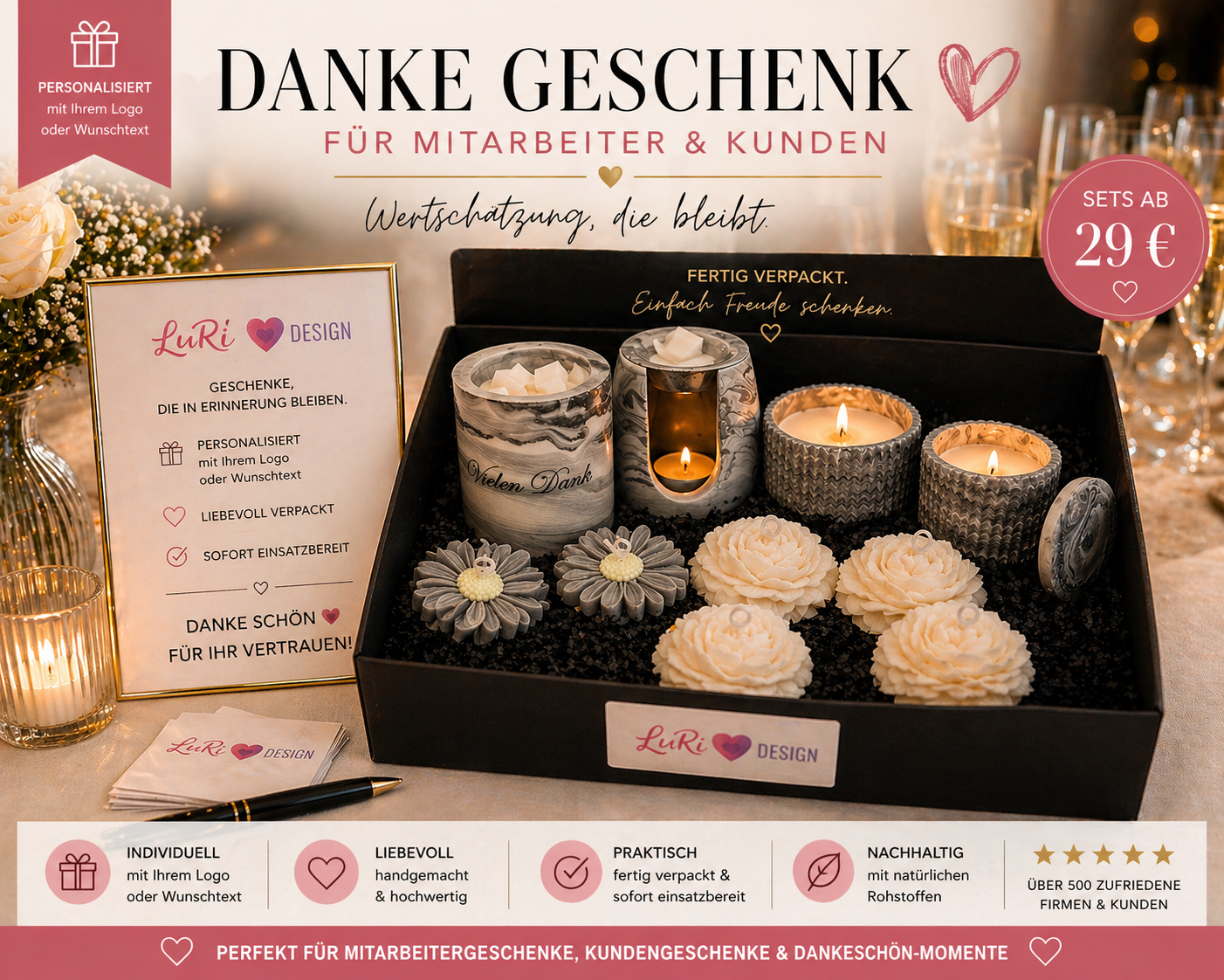 Geschenkbox für Mitarbeiter und Kunden personalisiert – fertiges Geschenkset mit Duftkerzen ab 29 Euro ideal als Firmengeschenk