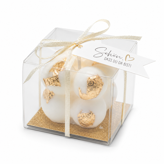 Handgefertigte Bubble-Kerze aus Sojawachs mit Blattgold in transparenter Geschenkbox – elegantes Gastgeschenk für Hochzeit, Taufe oder Geburtstag.