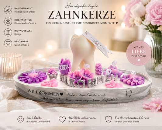 Willkommensschale Zahnarztpraxis mit Zahnkerze – Handgefertigte Empfangsdekoration für Praxis & Rezeption