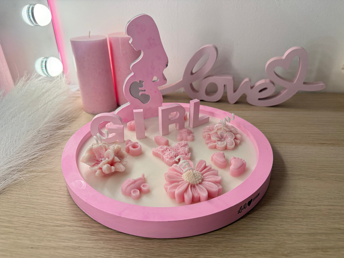 Personalisierter Babyshower Teller 25 cm in Rosa mit Name und Datum, Geschenk zur Geburt
