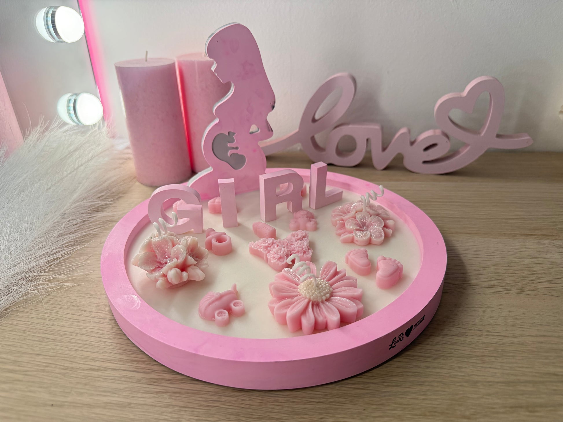 Personalisierter Babyshower Teller 25 cm in Rosa mit Name und Datum, Geschenk zur Geburt
