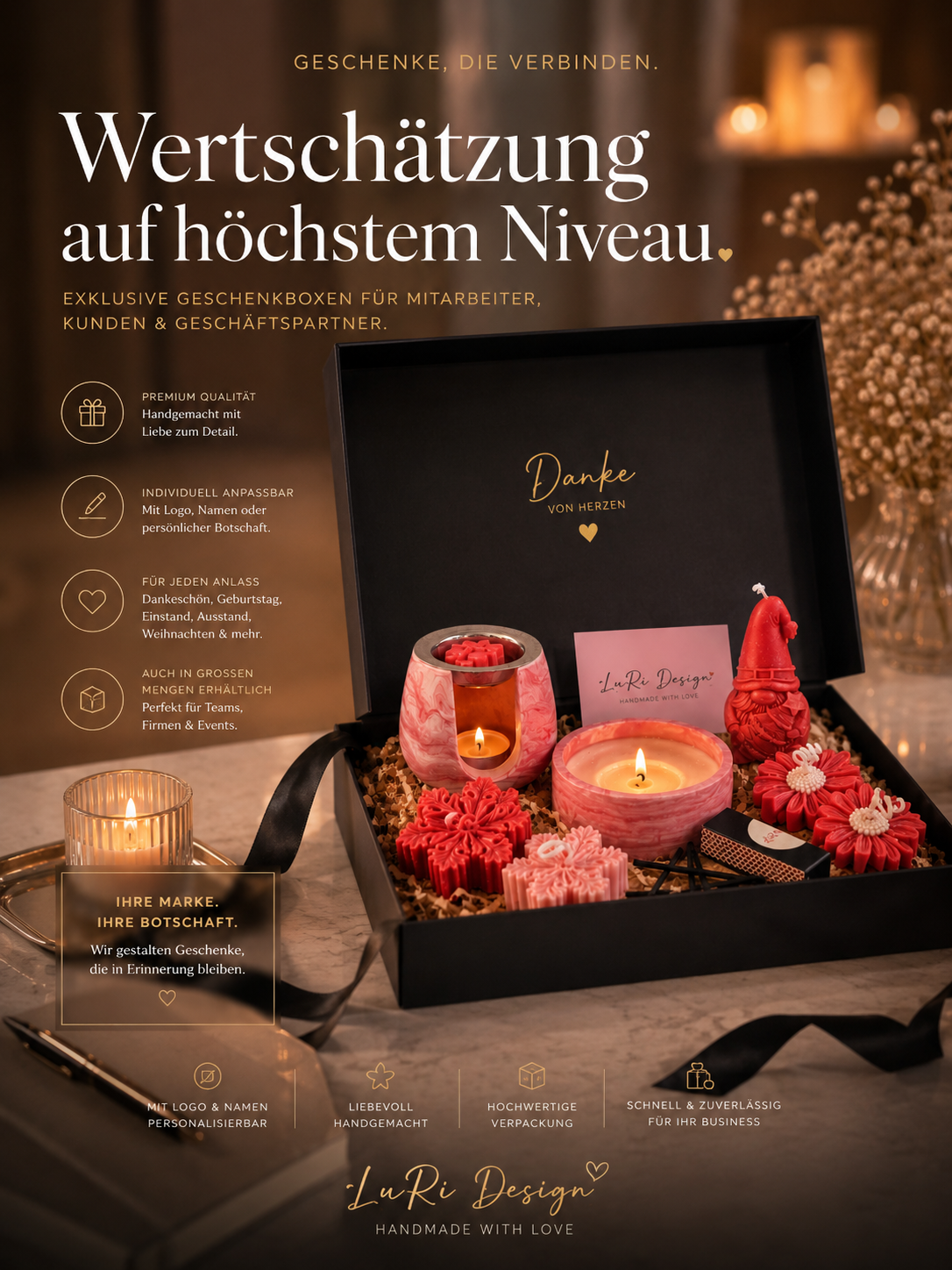 Premium Firmengeschenk Weihnachten mit Duftlampe, Weihnachtskerzen und hochwertiger Geschenkbox für Kunden & Mitarbeiter