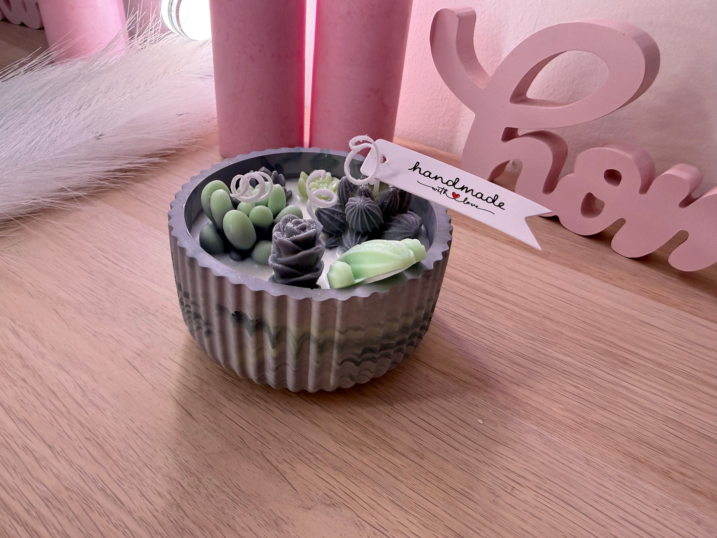 Sukkulenten-Kerzenschale – handgemacht aus Sojawachs | mit Farbwunsch | Geschenkidee