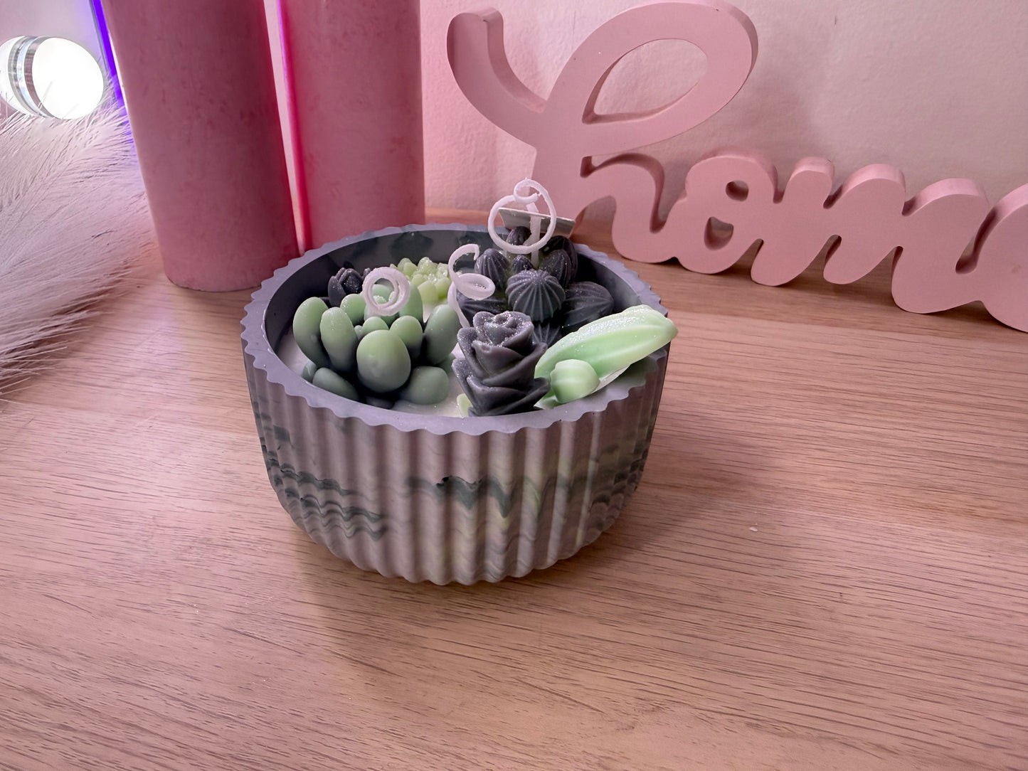 Sukkulenten-Kerzenschale – handgemacht aus Sojawachs | mit Farbwunsch | Geschenkidee