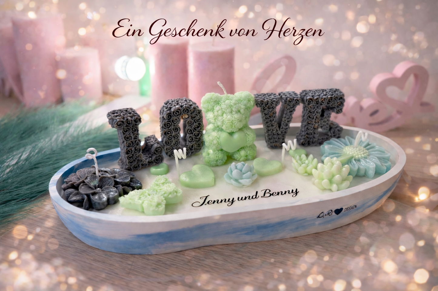 Handgegossenes LOVE-Dekoarrangement XXL in Mint & Anthrazit – modernes Geschenk für besondere Momente – personalisierbares Geschenk