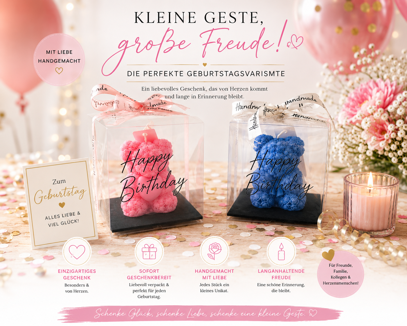 Handgemachte Teddy Kerze zum Geburtstag in transparenter Geschenkbox mit Geburtstags-Spruch