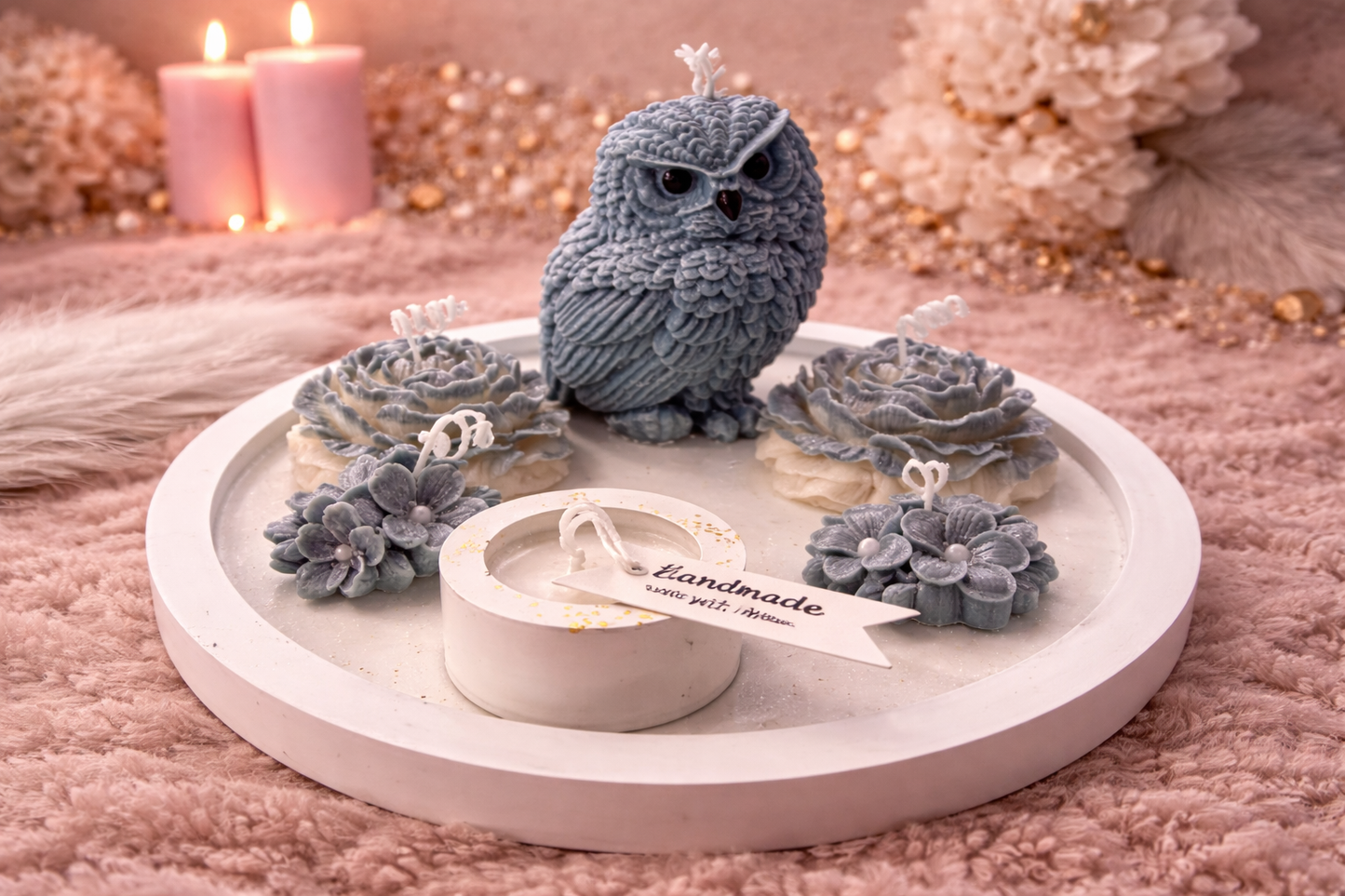 Eulen Kerzen Set handgemacht auf weißem Tablett romantische Deko Geschenkidee