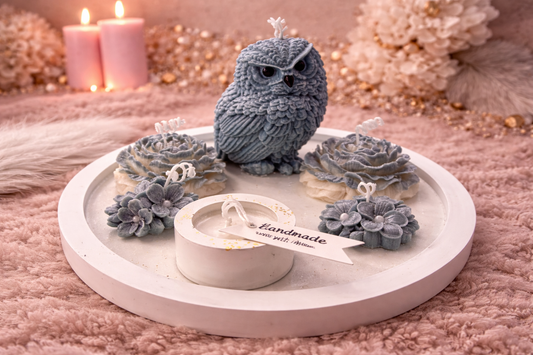 Eulen Kerzen Set handgemacht auf weißem Tablett romantische Deko Geschenkidee