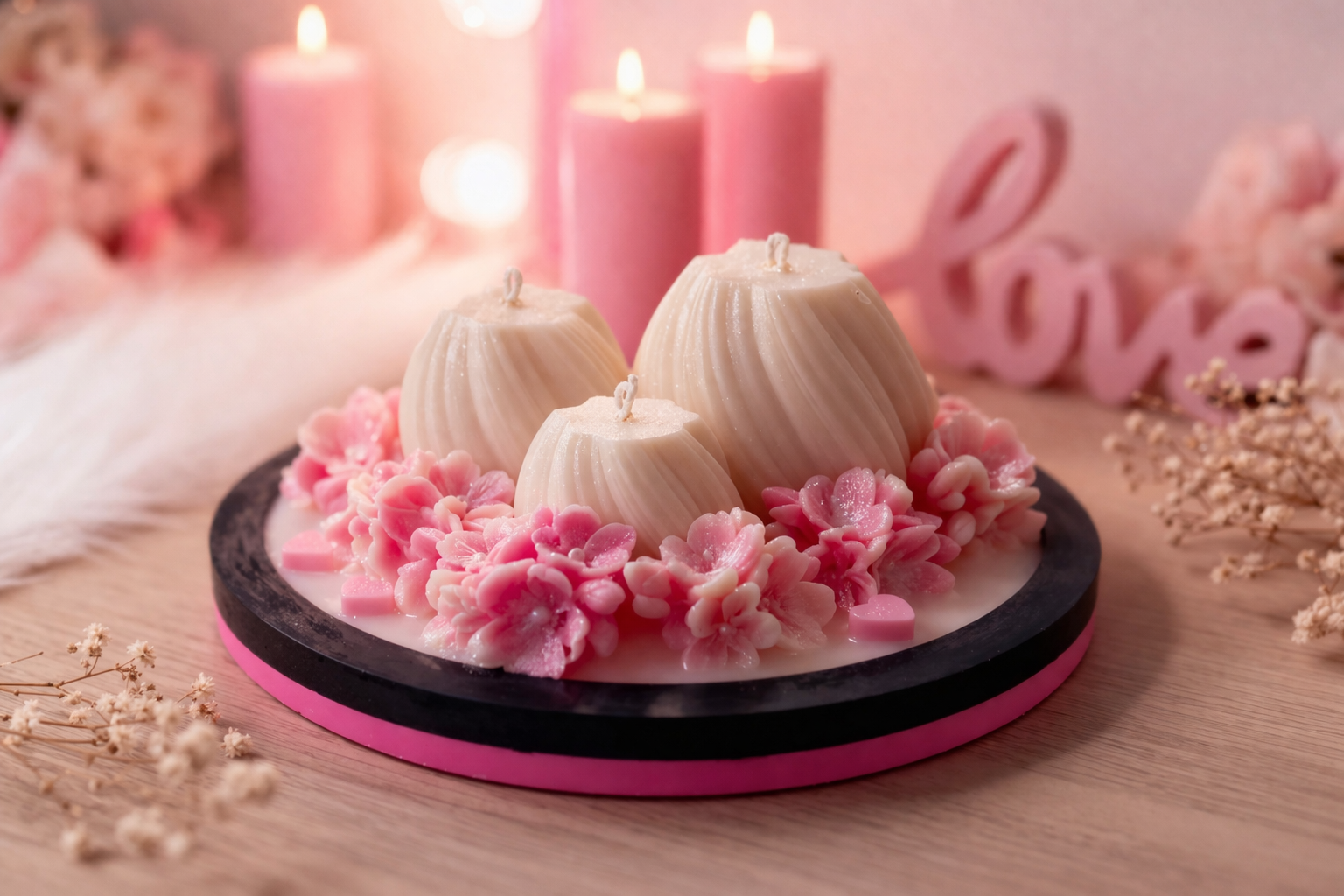 Handgemachtes Kerzen Arrangement mit Blumenkerzen und dekorativem Tablett im romantischen Lifestyle Stil