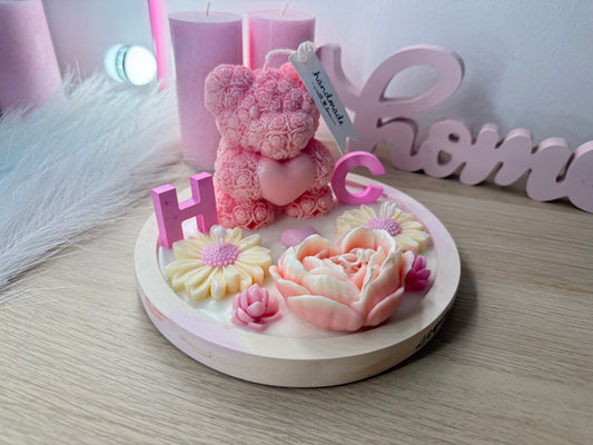 Große personalisierte Teddy Kerzenschale mit Namensbuchstaben, handgefertigtes Geschenk mit Blumenkerzen
