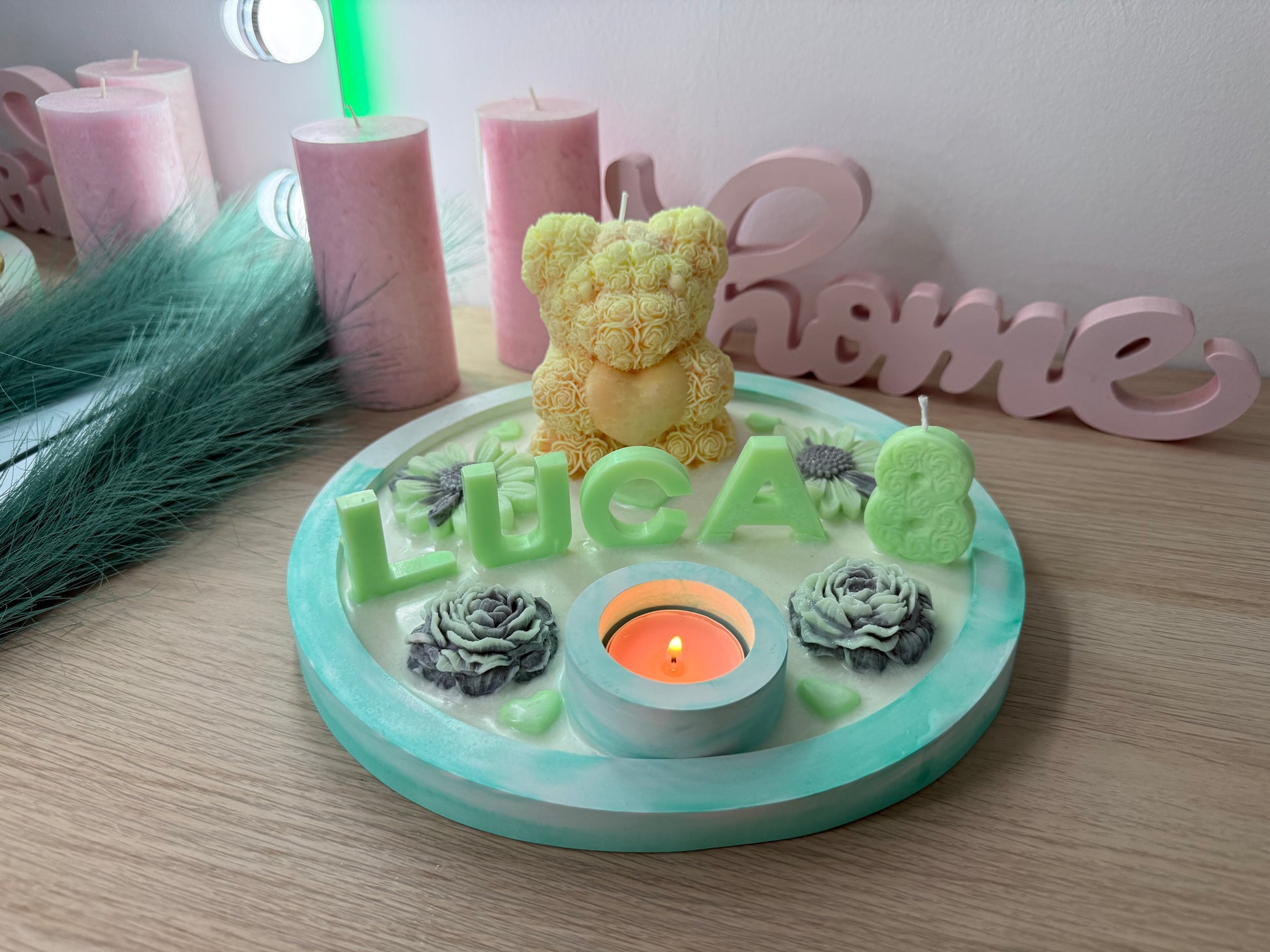 Personalisierte Geschenk-Schale mit Bärchenkerze – Name in 3D, handgemacht Geburtstag – handgemacht, personalisierbar, hochwertige Deko