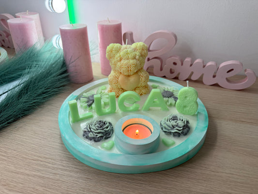Personalisierte Geschenk-Schale mit Bärchenkerze – Name in 3D, handgemacht Geburtstag – handgemacht, personalisierbar, hochwertige Deko