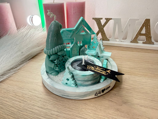 Kleines Winter-Deko-Set mit Wichtelkerze & Minihäusern – handgegossen aus Gips & Sojawachs – personalisierbare Winterdekoration