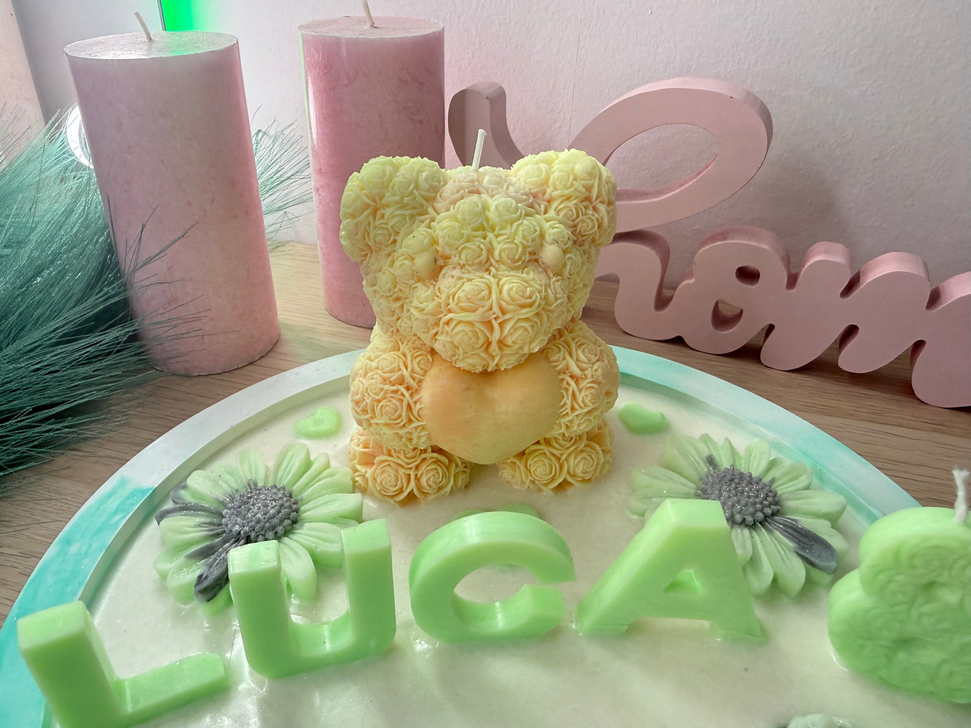 Personalisierte Geschenk-Schale mit Bärchenkerze – Name in 3D, handgemacht Geburtstag – handgemacht, personalisierbar, hochwertige Deko