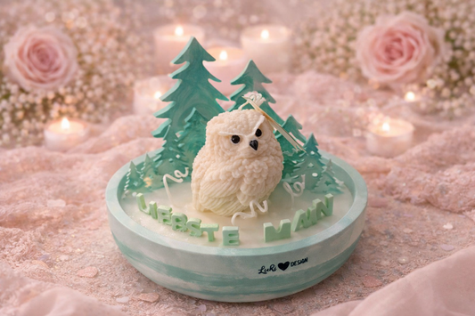 Handgemachtes Kerzen Geschenkset mit Eulenmotiv auf Tablett, personalisierte Deko Kerze in Grün mit Tannenbäumen – romantisches Geschenk für Partner, Weihnachten oder besondere Anlässe