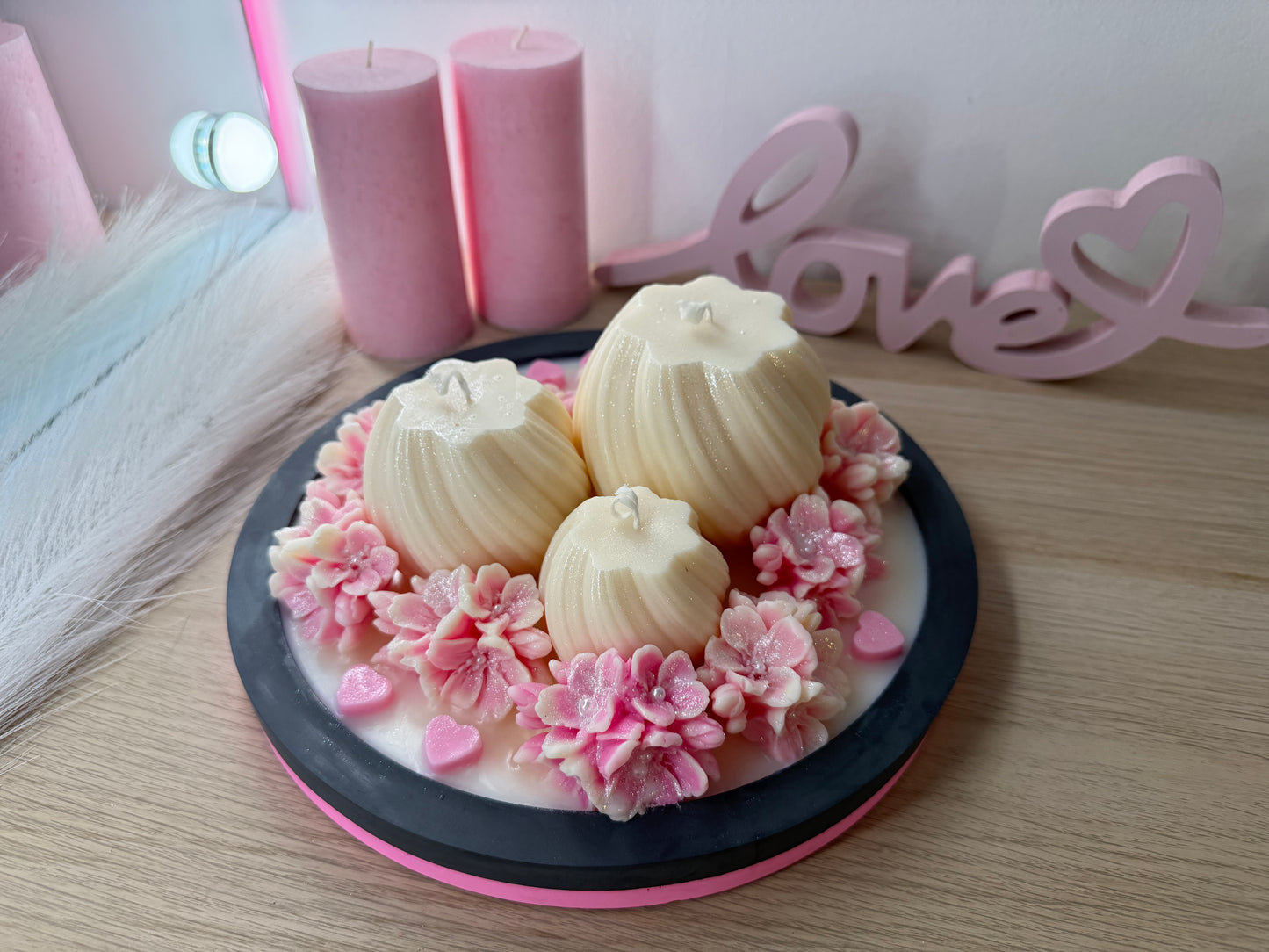 Luxus-Deko-Schale XXL mit 3 Kerzen & Blüten – Handgegossen | Geschenk zur Hochzeit, Liebe, Geburtstag | Optional personalisiert