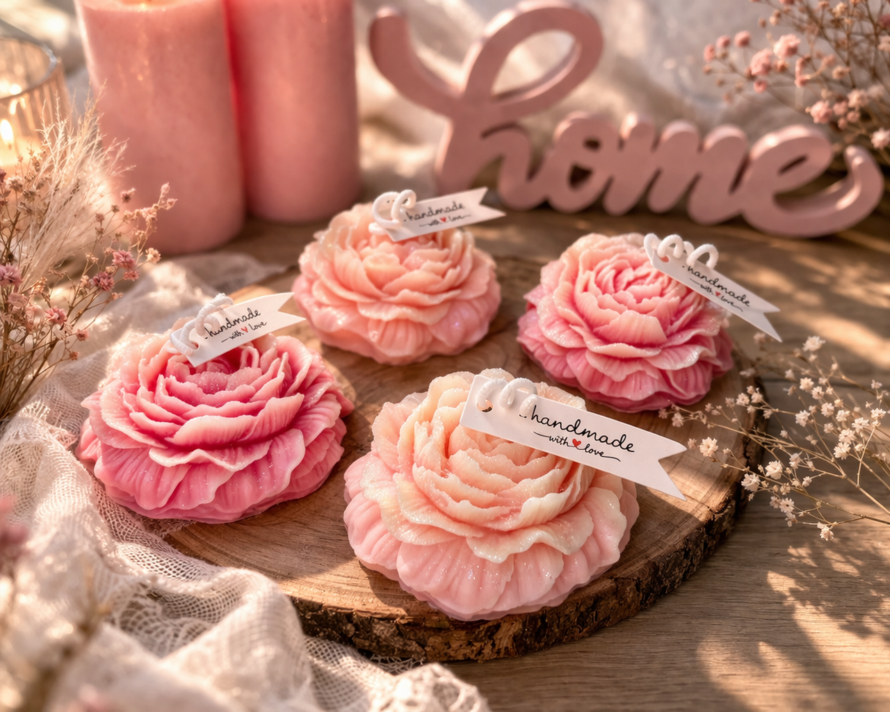 Romantische handgemachte Blütenkerzen in Rosa auf Holztablett mit sanfter Dekoration als liebevolle Geschenkidee für besondere Anlässe