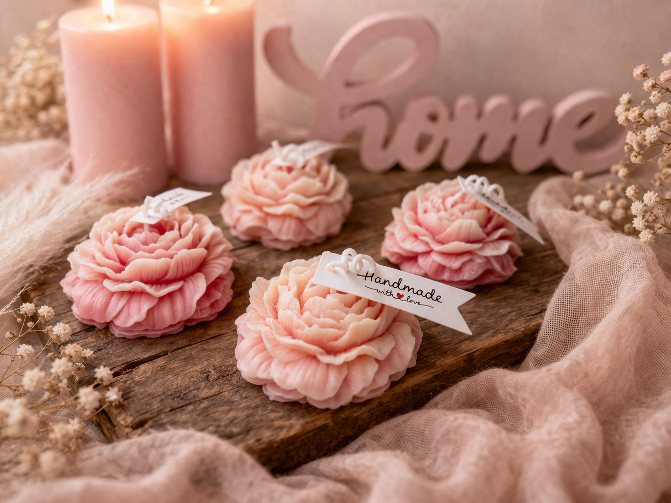 Handgemachte Duftkerzen in Blumenform im romantischen Lifestyle Stil mit weichen Farben und dekorativer Geschenkinszenierung