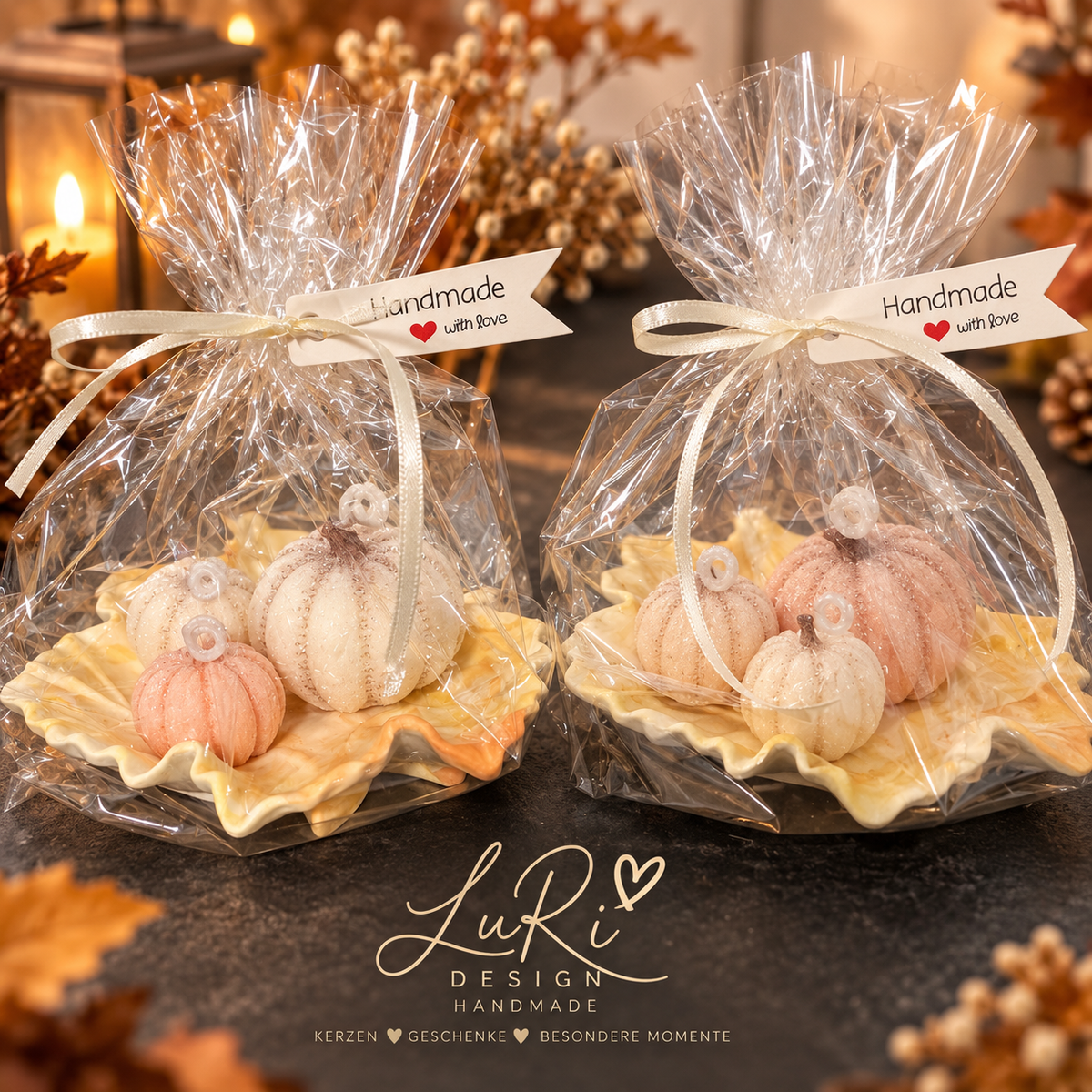 Handgemachtes Herbstset mit Blattschale und drei Kürbiskerzen von LuRi Design Handmade