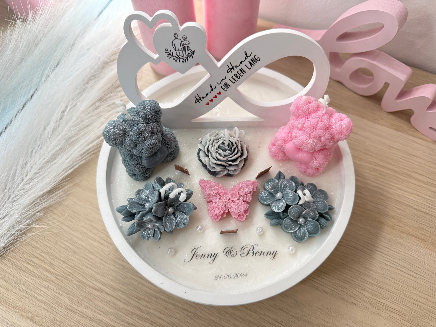 Personalisierte Luxus Deko-Schale „Rosa & Grau“ – 22 cm XXL | Handmade Geschenk mit Namen & Datum