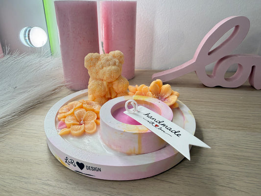 Edles Deko-Set aus Gips & Sojawachs – exklusives Design mit Blüten und Bärenkerze