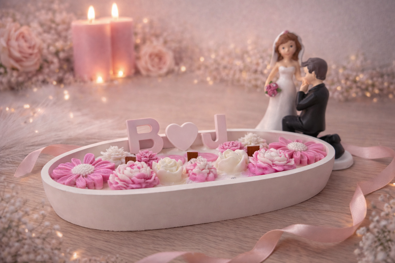 Personalisiertes Hochzeitsgeschenk mit Kerzen – romantische Deko mit Brautpaar Figur und Blumenkerzen in Geschenkoptik
