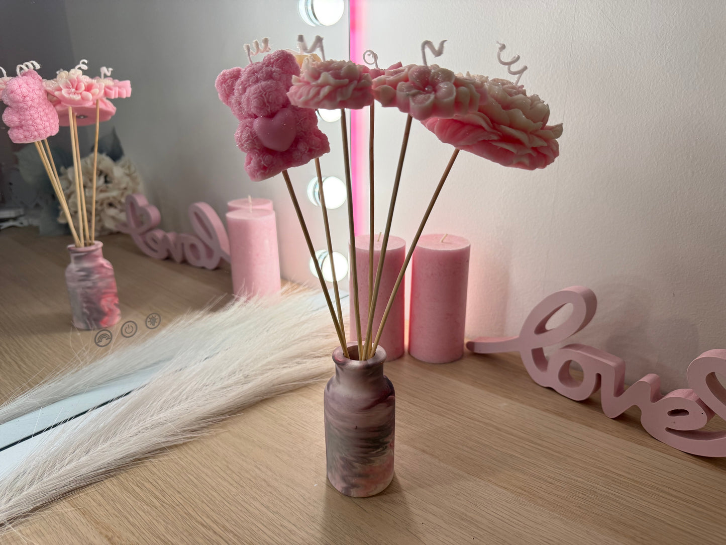 Candle arrangement “Pink Floral Magic” – decoration & gift idea with teddy bear and blossoms (for a real bouquet)