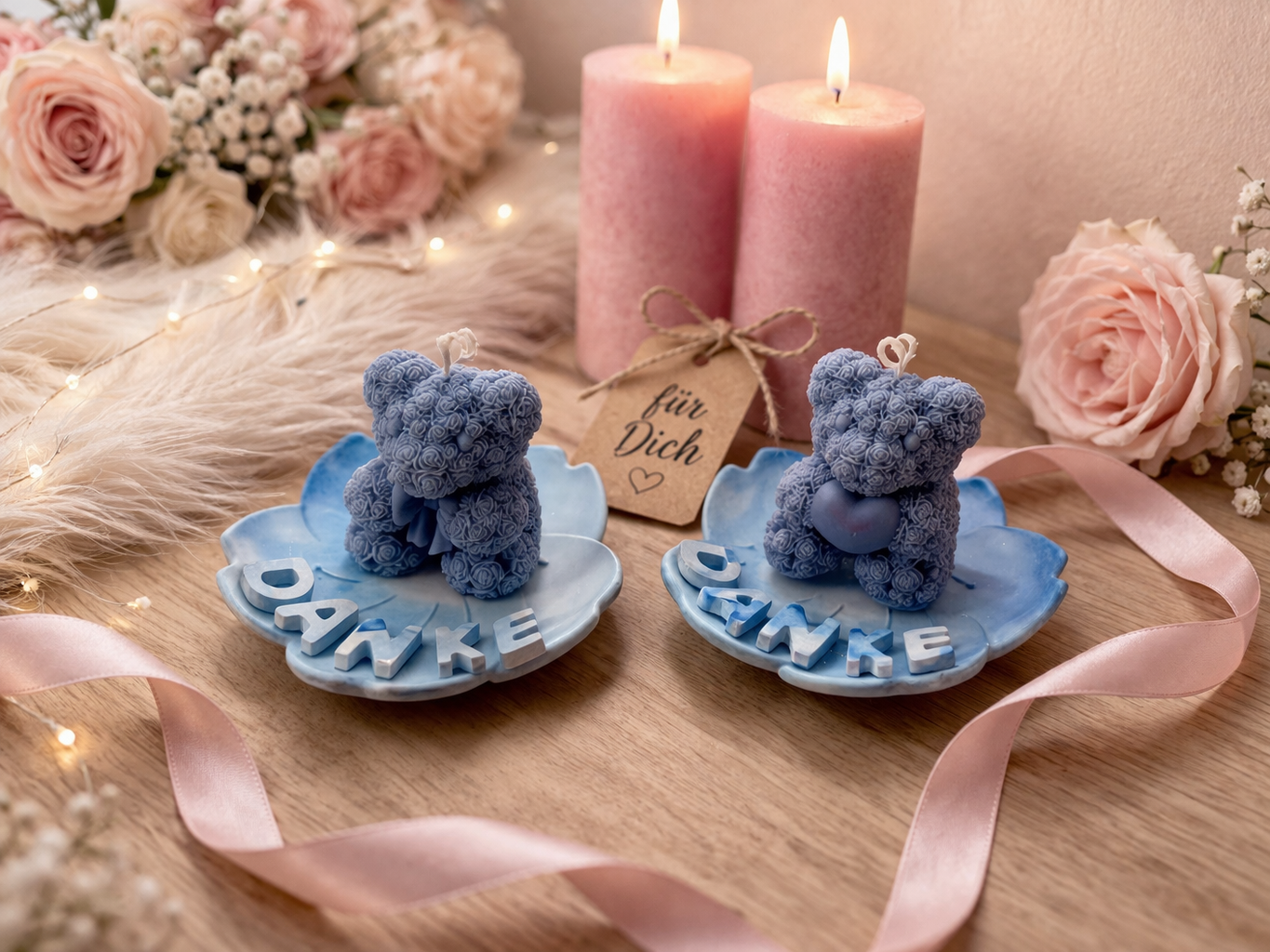 Handgemachte Bärenkerzen in Blau mit „Danke“ Schrift auf Keramikteller – liebevolles Geschenk für Erzieher, Lehrer oder besondere Menschen
