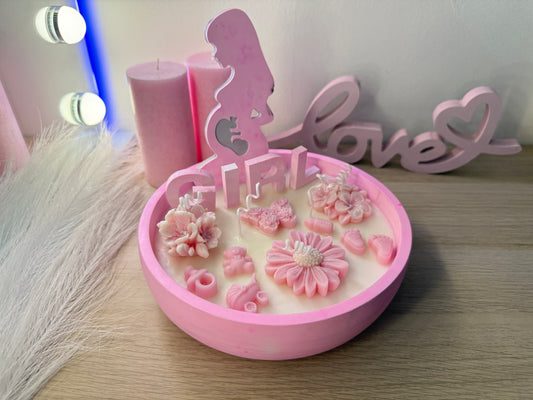 Personalisierte Babyshower Kerzenschale Girl Version in Rosa mit Baby Motiven, handgemachtes Geschenk zur Geburt