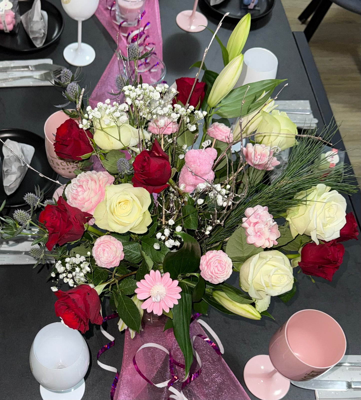 Candle arrangement “Pink Floral Magic” – decoration & gift idea with teddy bear and blossoms (for a real bouquet)