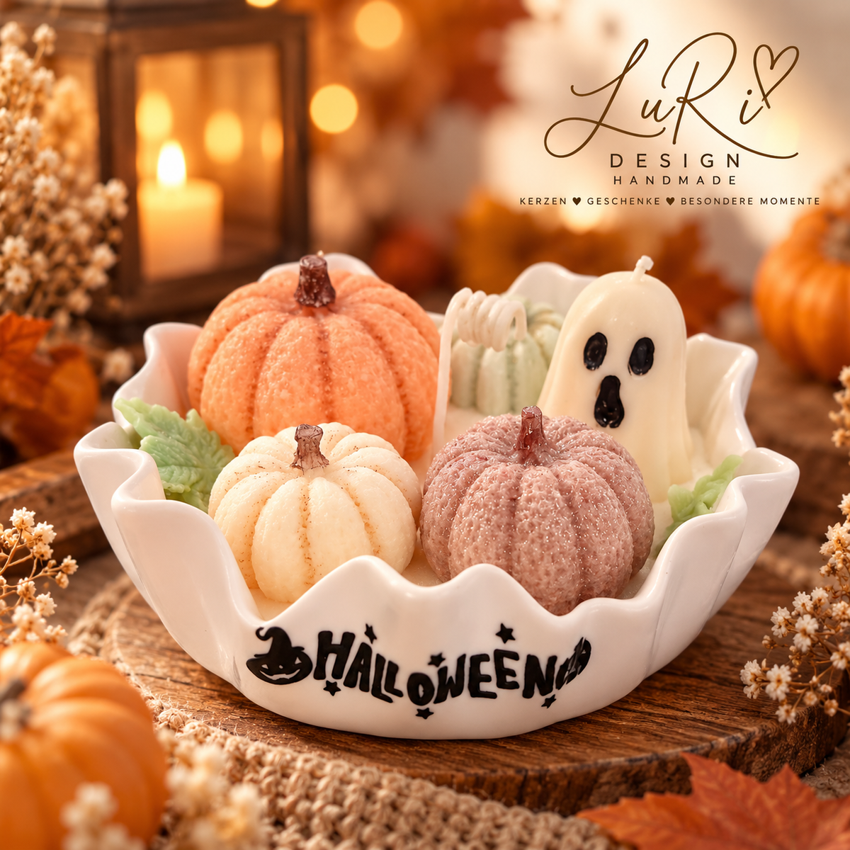Halloween Schale mit 4 handgemachten Kerzen – Kürbis & Geist