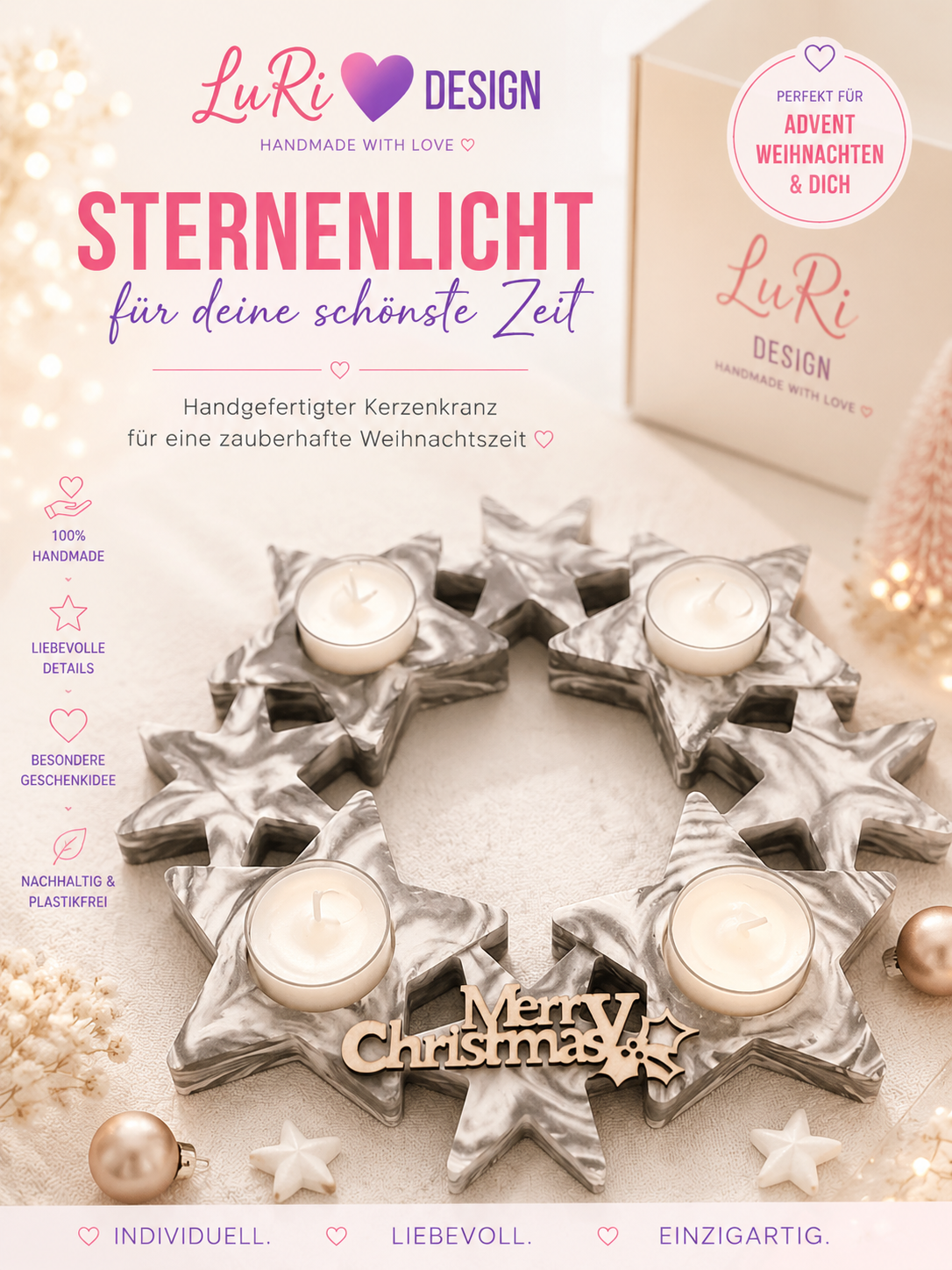 Moderner Adventskranz für vier Teelichter in Sternform als handgemachte Weihnachts- und Tischdekoration von LuRi Design
