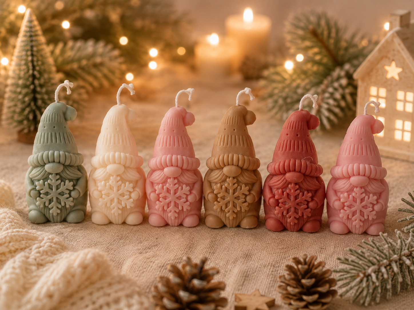 Handgemachte Weihnachtswichtel Kerzen im 6er Set in verschiedenen Pastellfarben mit Schneeflocken als festliche Weihnachtsdekoration