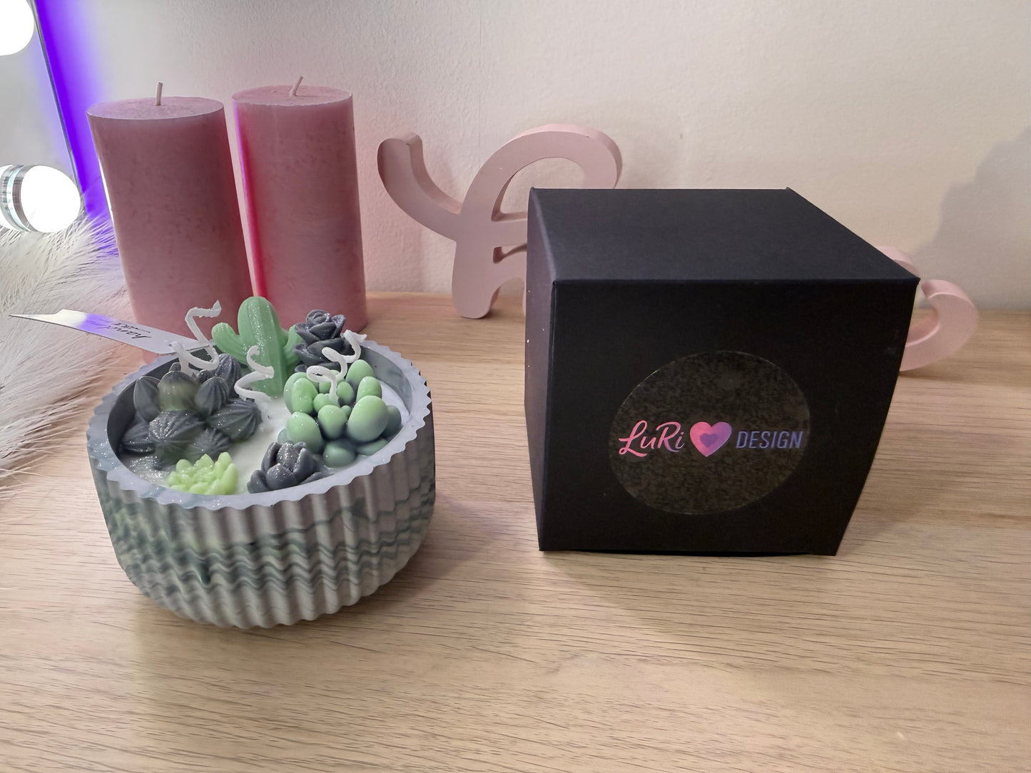 Sukkulenten-Kerzenschale – handgemacht aus Sojawachs | mit Farbwunsch | Geschenkidee