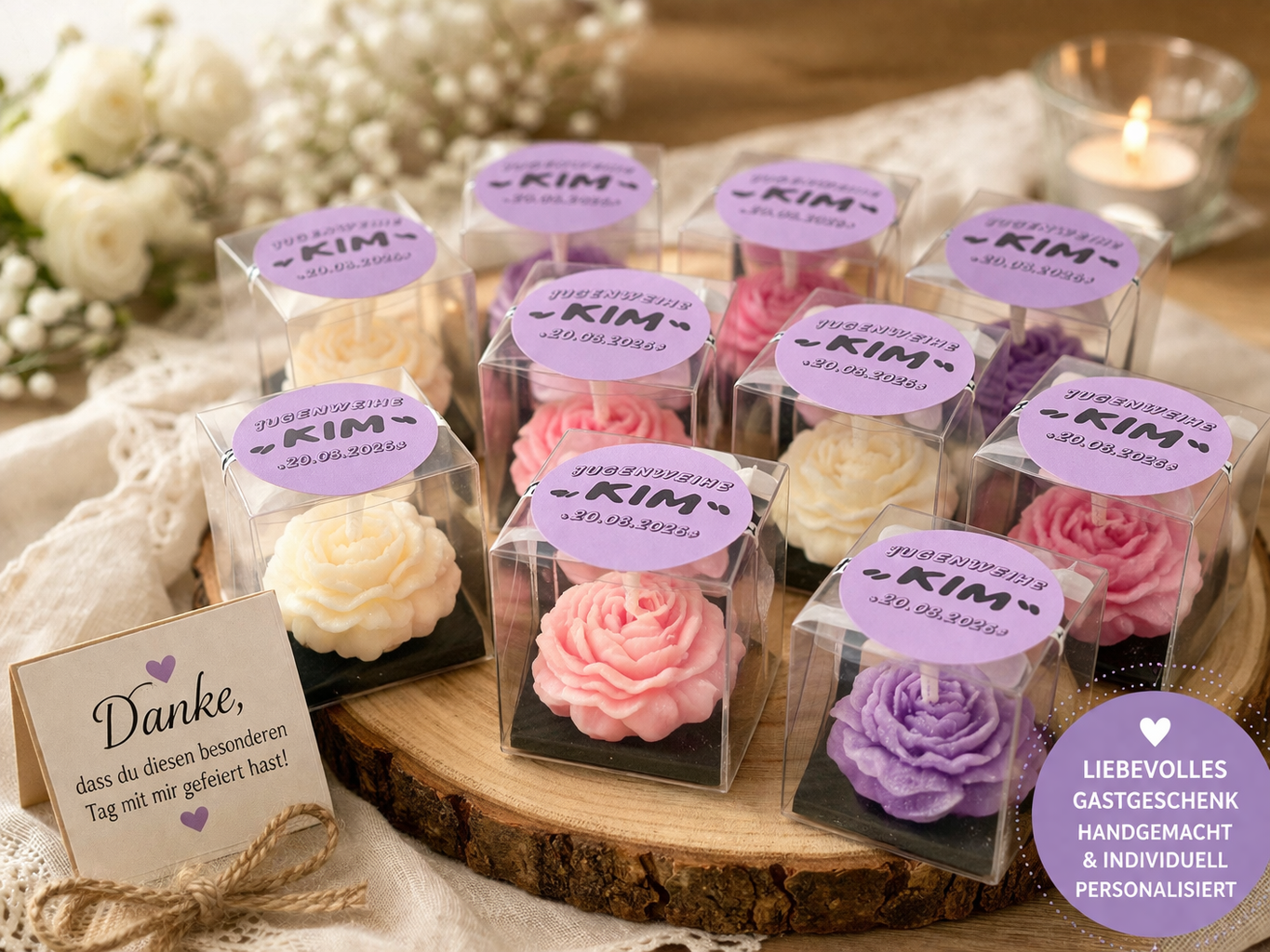 Liebevoll dekorierte Gastgeschenke mit Kerzen – romantische Geschenkidee für Gäste bei Hochzeit oder besonderen Anlässen