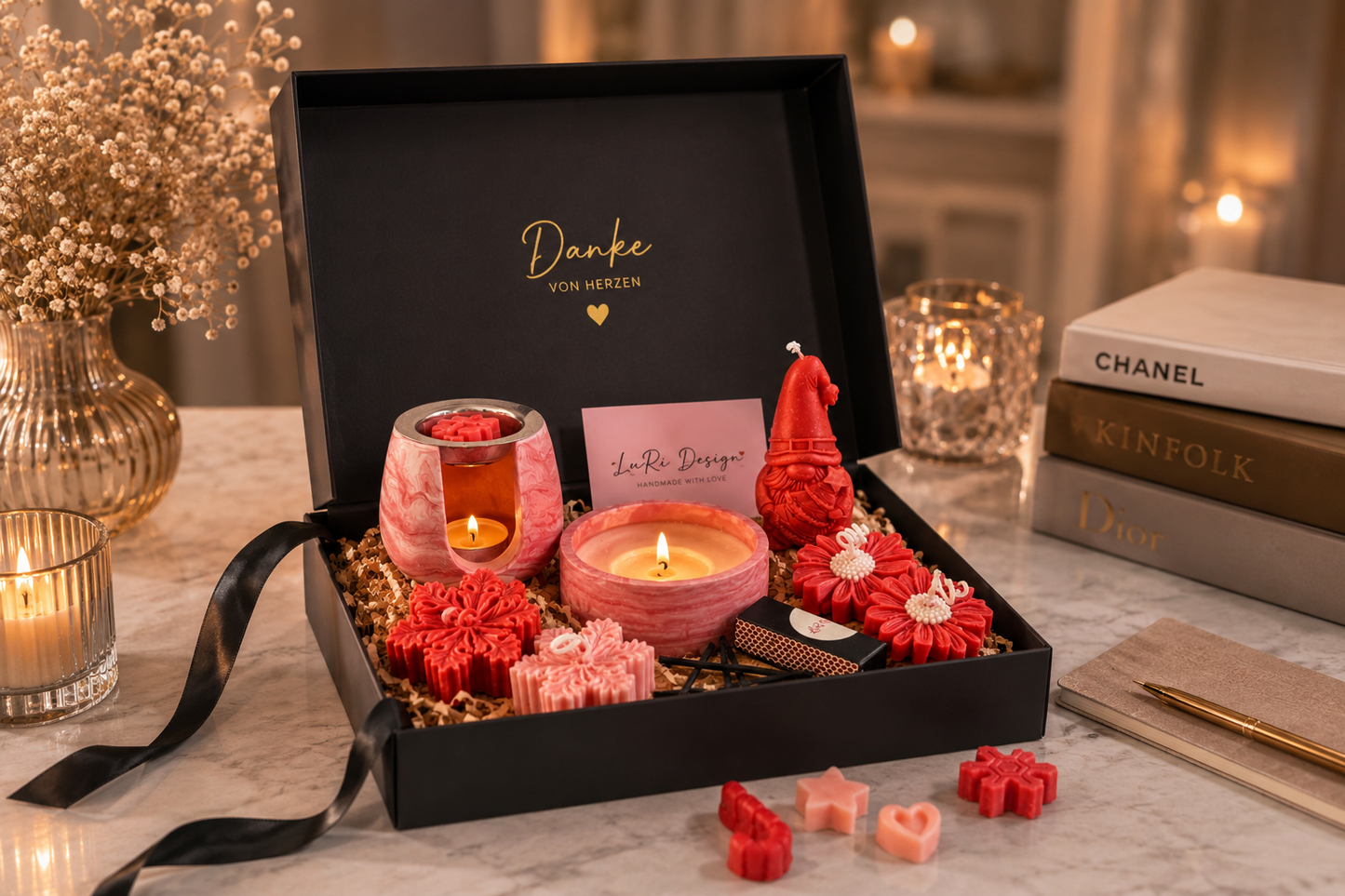 Handgemachte Weihnachtsbox für Mitarbeiter & Kunden mit Duftkerzen und personalisierbarem Firmengeschenk von LuRi Design