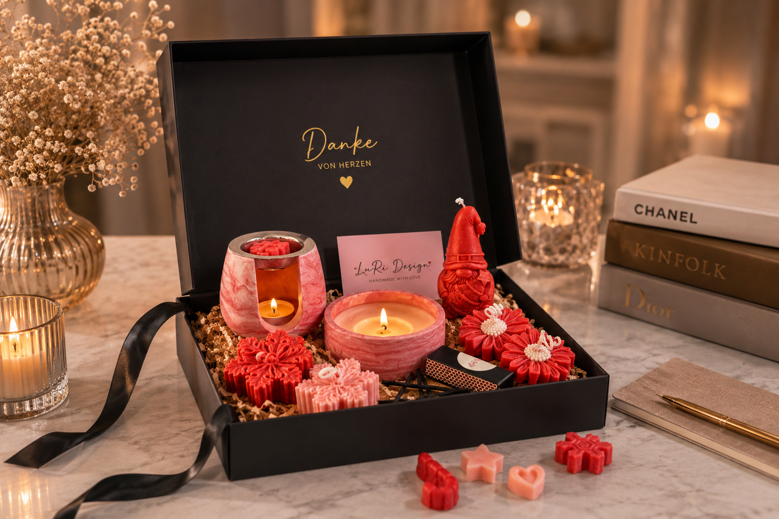 Handgemachte Weihnachtsbox für Mitarbeiter & Kunden mit Duftkerzen und personalisierbarem Firmengeschenk von LuRi Design