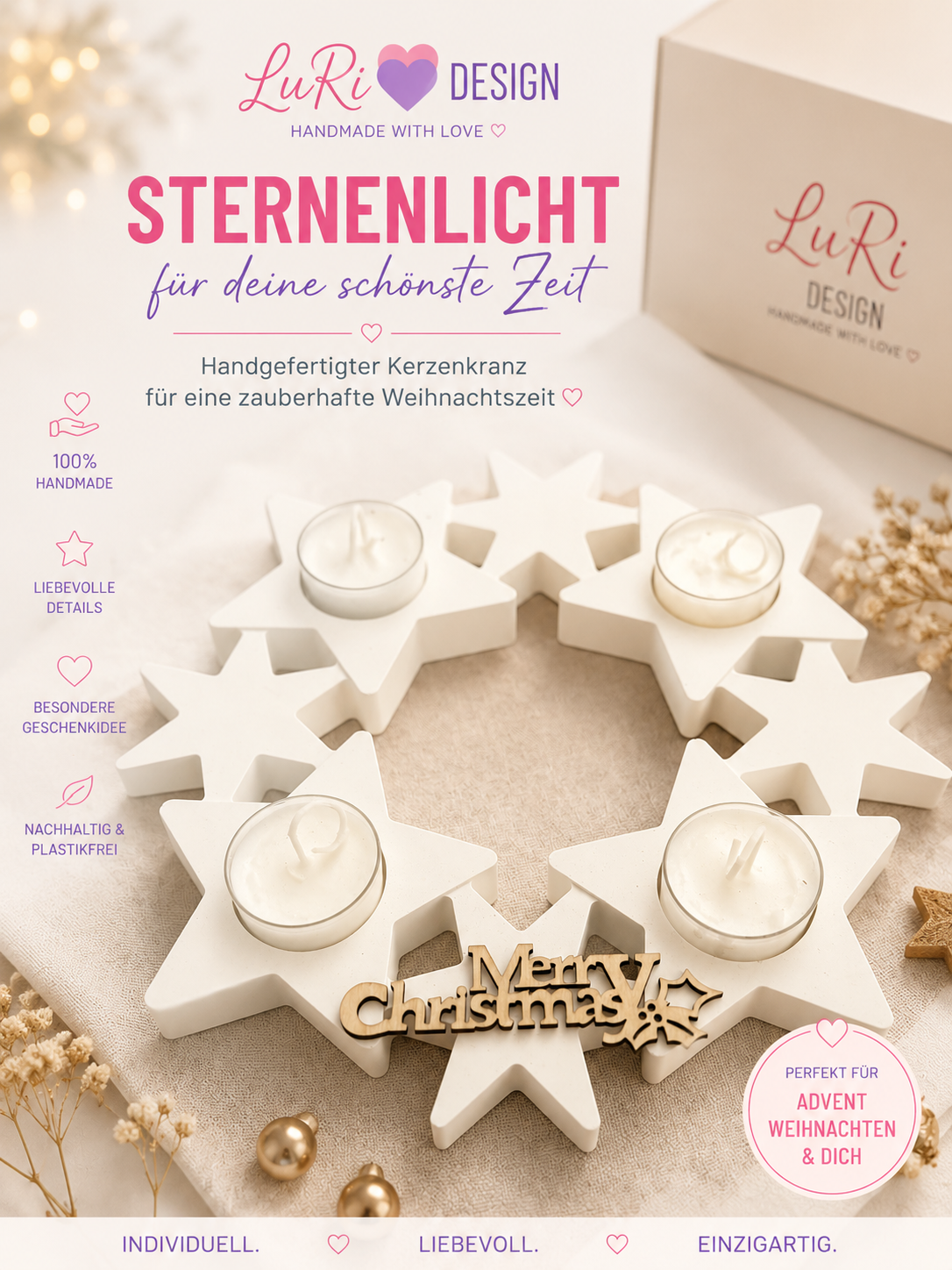 Detailansicht des handgefertigten Adventskranzes mit vier Teelichtern und Merry-Christmas-Schriftzug in warmem Creme