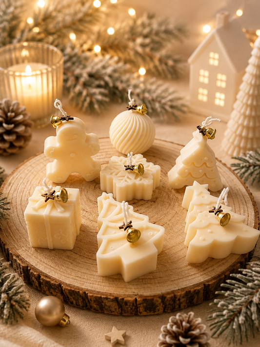 7er Set handgemachte Weihnachtskerzen in Creme mit Lebkuchenmann, Weihnachtskugel, Schneeflocke, Geschenken und Tannenbäumen mit goldenen Glöckchen und Sternen