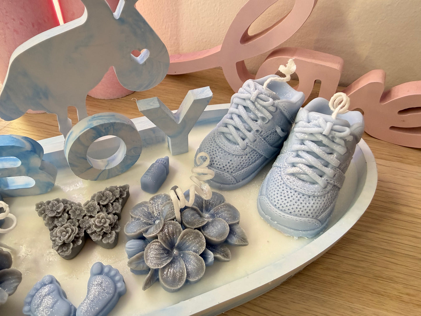 Große Babyshower Kerzenschale 28 cm – Teddy & Babyschuhe | personalisiertes Geschenk