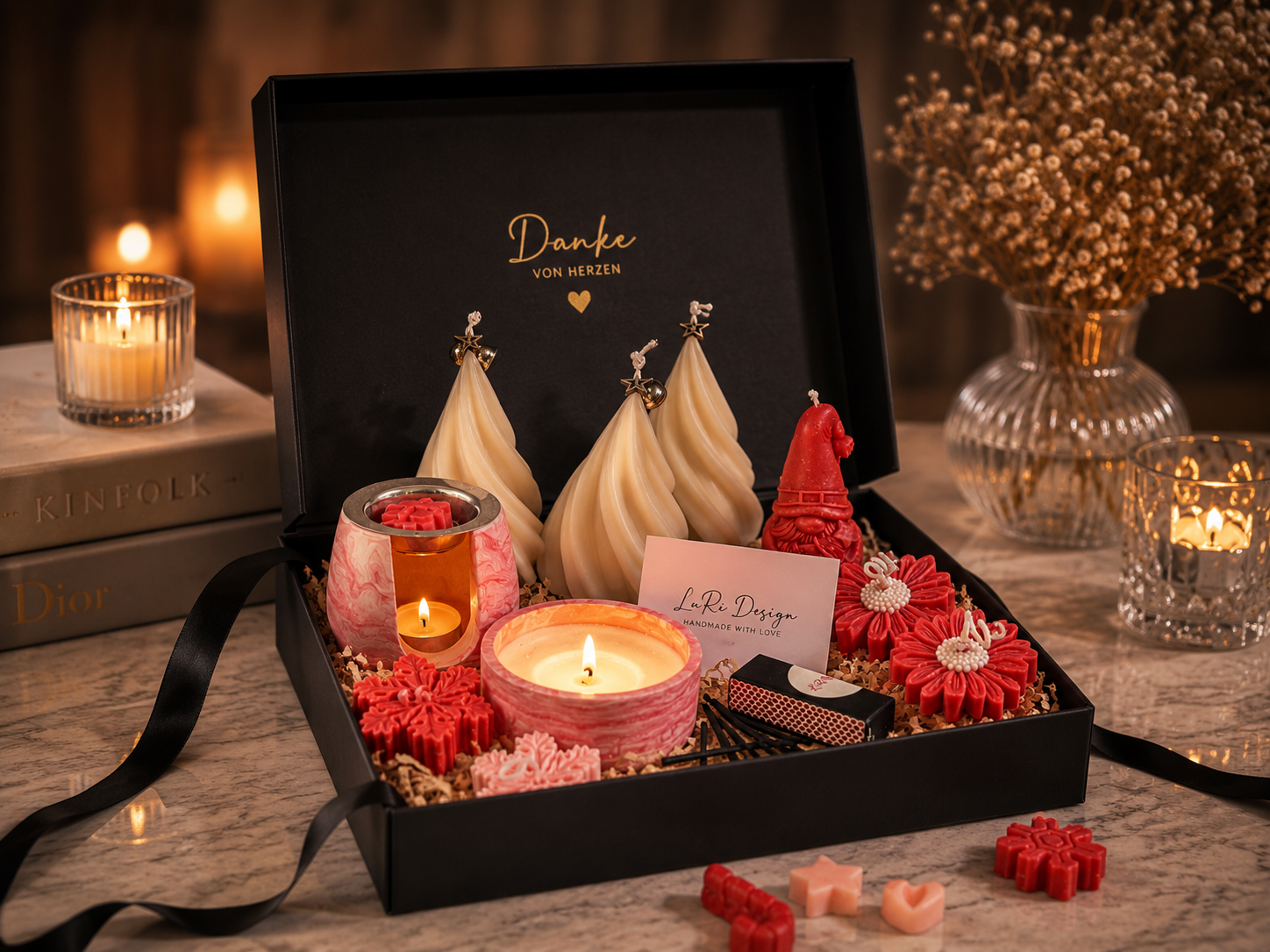 Exklusive B2B Weihnachtsgeschenkbox mit handgemachten Kerzen und personalisierter Geschenkverpackung für Firmenkunden