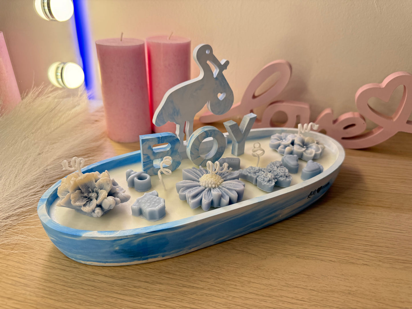 Große Babyshower Kerzenschale 28 cm in Blau, personalisiertes Geschenk zur Geburt eines Jungen