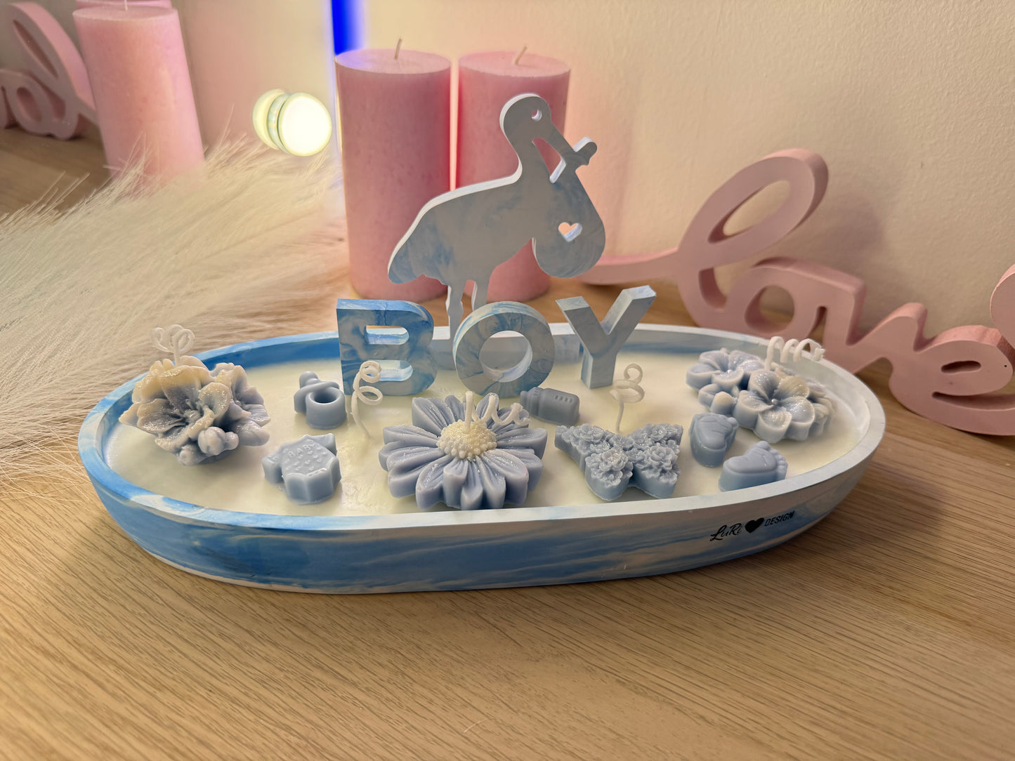 Handgefertigte Baby Kerzenschale in Blau, großes Geburtsgeschenk Junge
