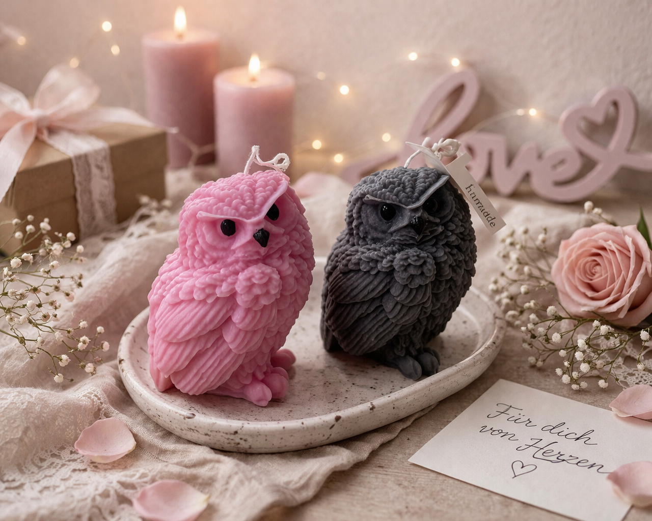Romantische handgemachte Eulen-Kerzen in Rosa und Grau – dekoratives Geschenk für Hochzeit, Valentinstag oder liebevolle Anlässe